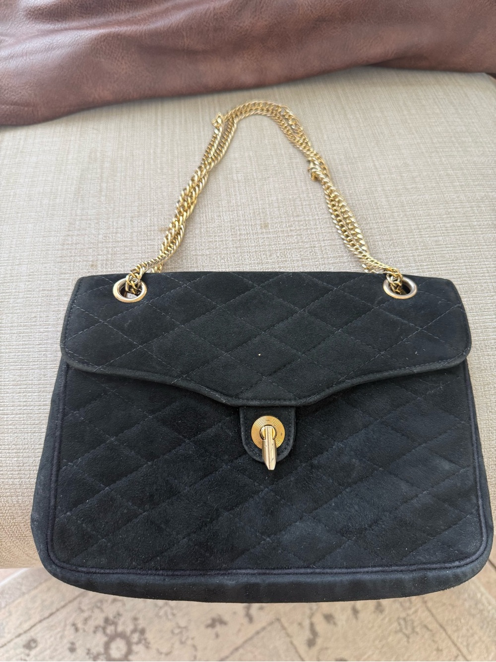 Vintage Morris Moskowitz Quilted Black Suede Shoulder Bag with Gold Chain